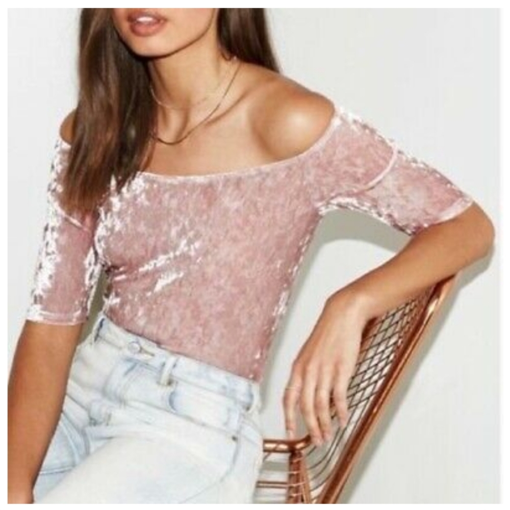 Pink Crushed Velvet Off The Shoulder Top